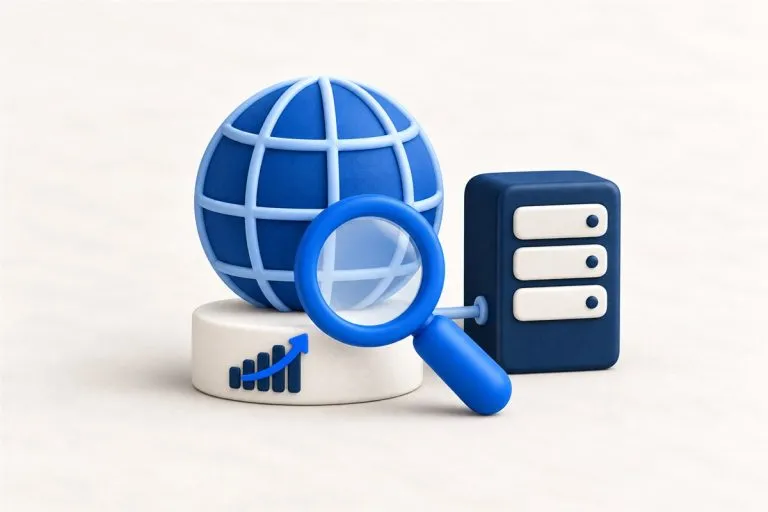 Globus med forstørrelsesglass og server – DNS-oppslag