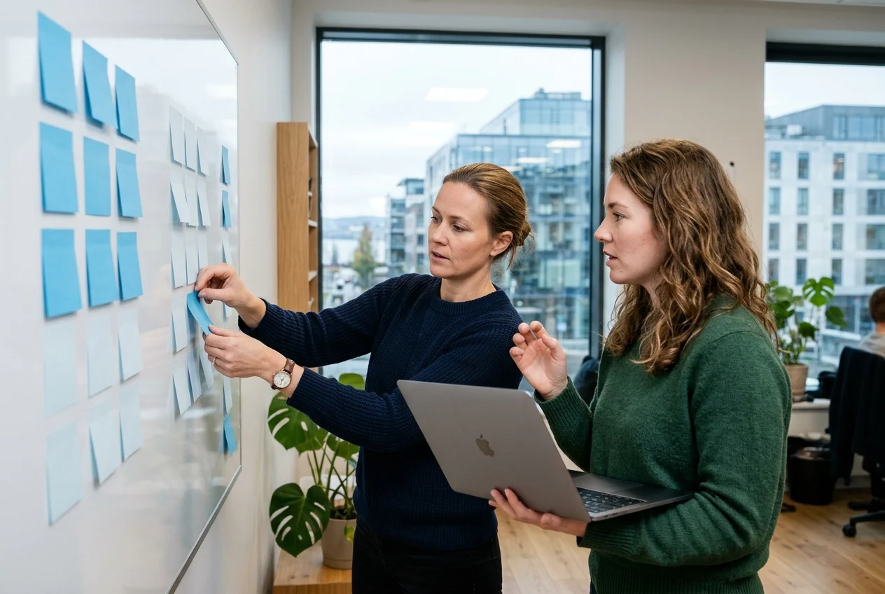 To rådgivere planlegger innhold med lapper på tavla i et lyst kontor