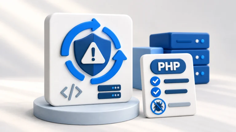 Skjold med varseltrekant og oppdateringspil ved siden av en PHP-sjekkliste og en server – illustrasjon av kritisk PHP-sårbarhet og sikkerhetsoppdatering