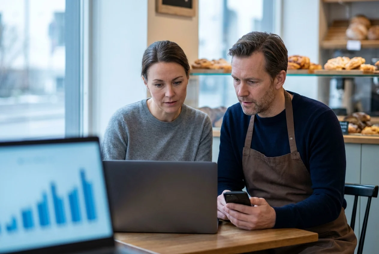 Rådgiver og bakeriets eier ser på resultater fra markedsføringen på PC og mobil i bakeriet