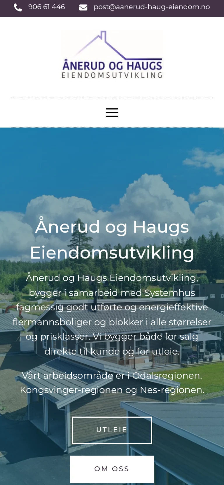 Forsiden til aanerud-haug-eiendom.no på mobil