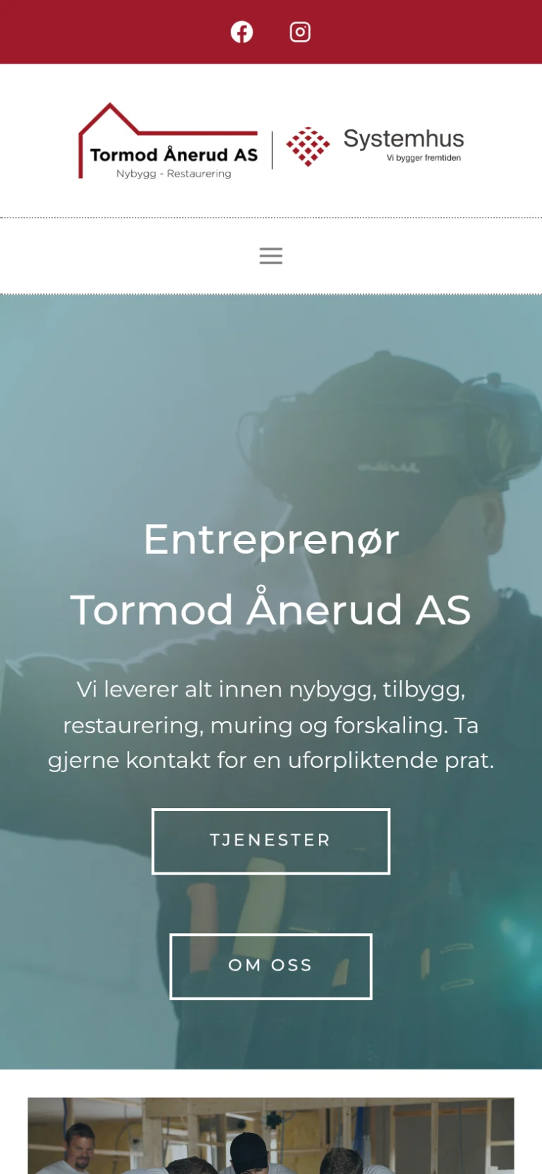 Forsiden til aanerudentreprenor.no på mobil
